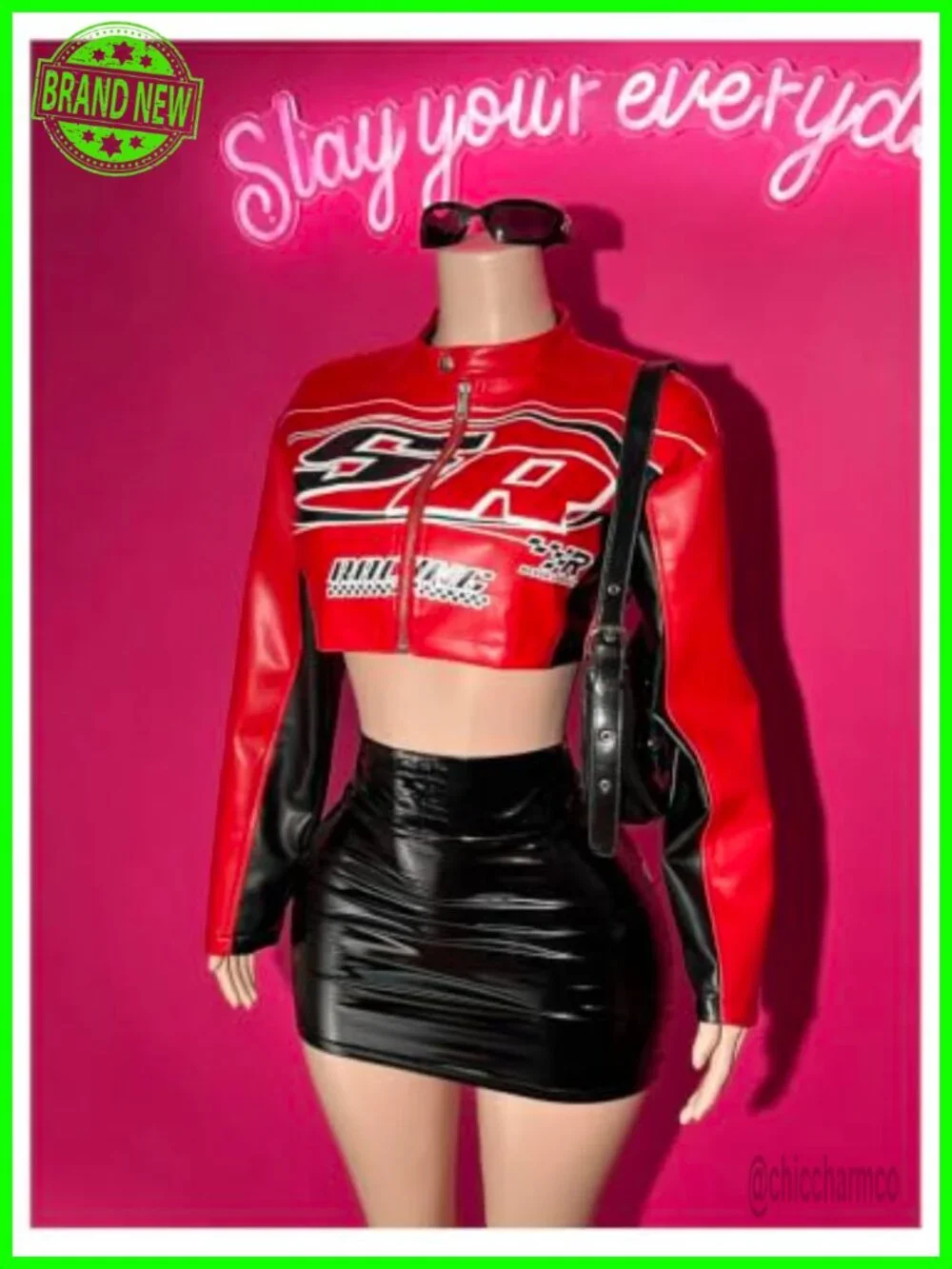 Women's Cropped Motorcycle Jacket Polyester Long Sleeve Button